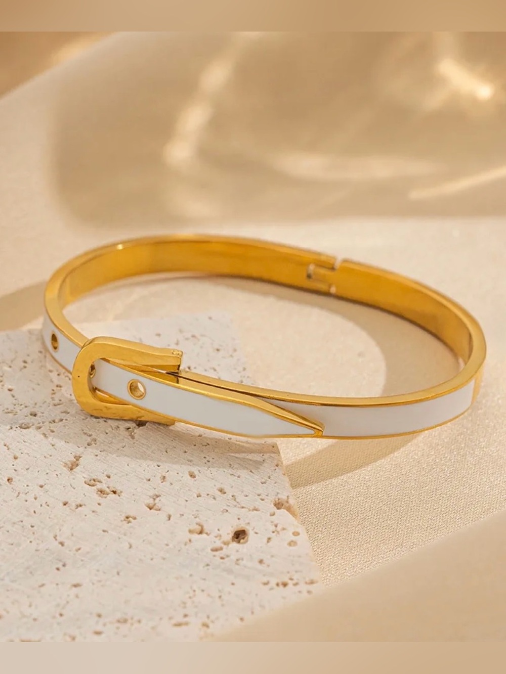Gold-Tone White Enamel Belt Buckle Bangle stainless steel Bracelet